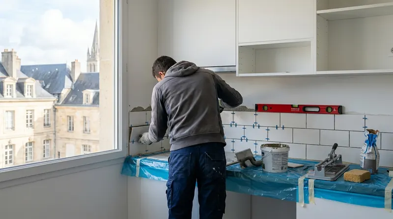 Pose d'une crédence en carreaux blancs dans une cuisine, plan de travail protégé