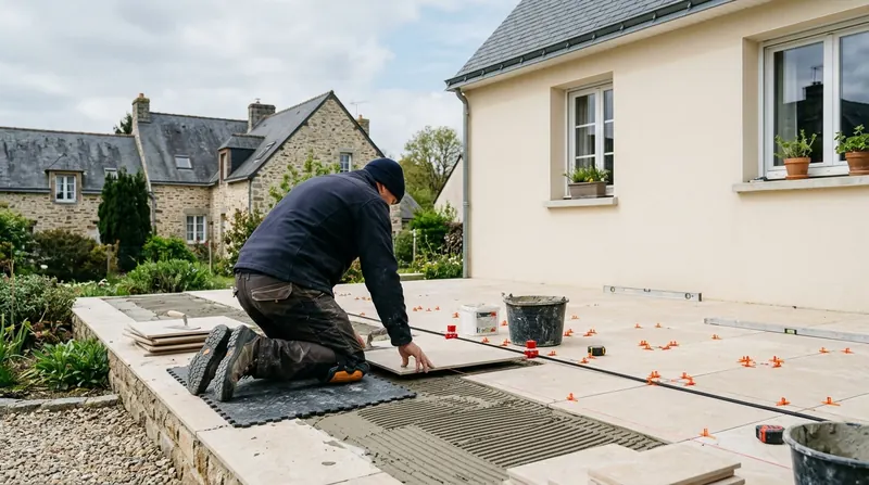 Pose de dalles extérieures beiges sur une terrasse devant une maison en enduit clair