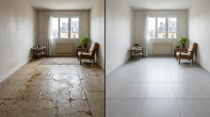 Sol intérieur, avant et après : vieux revêtement abîmé, puis carrelage gris clair grand format