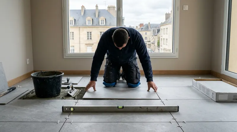 Pose de grands carreaux gris clair au sol d'un séjour, niveau et croisillons