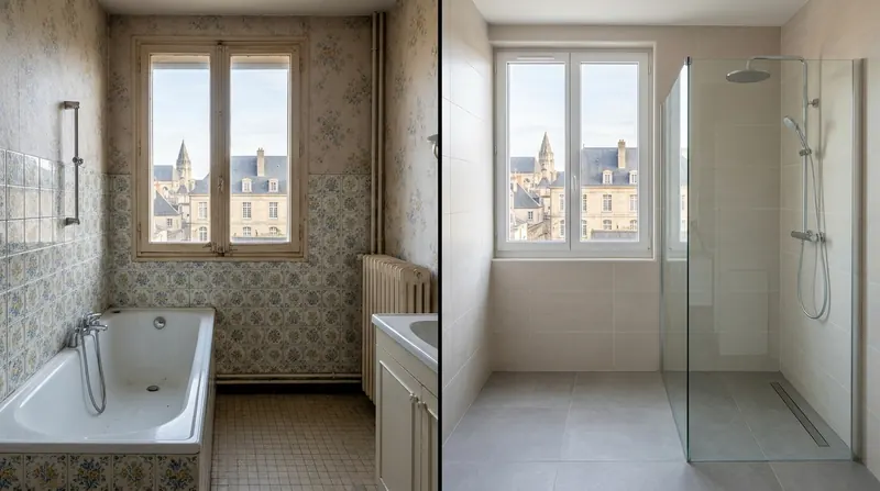 Salle de bain, avant et après : baignoire et faïence ancienne, puis douche à l'italienne et faïence claire
