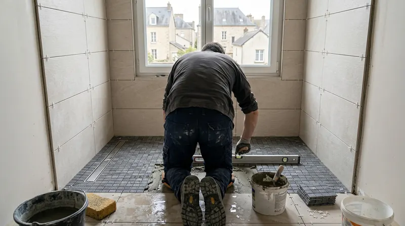 Carrelage d'une douche à l'italienne : mosaïque grise au sol et faïence claire